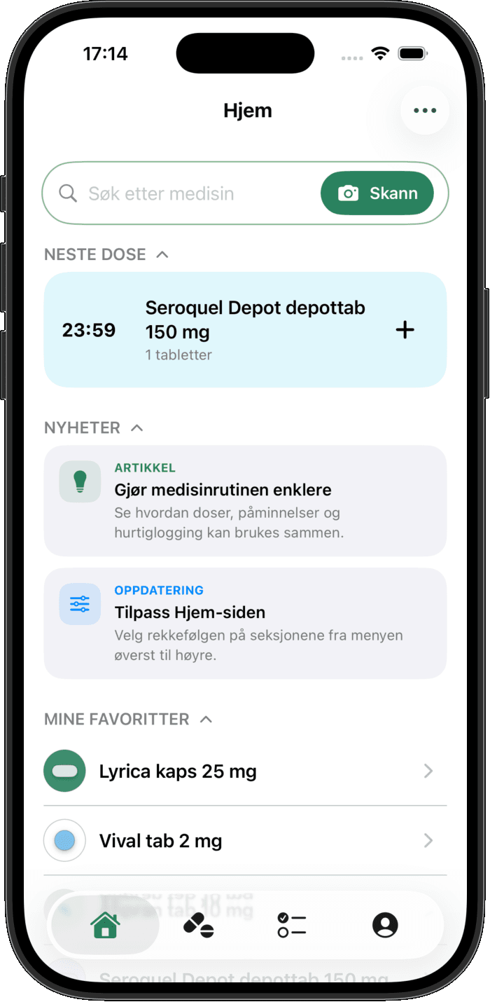 Skjermbilde av Hjem-siden i Medisiner-appen